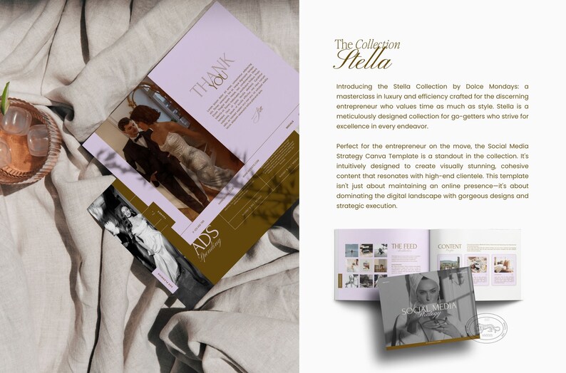 May include: A pink and gold brochure with the text "The Collection Stella" and "Introducing the Stella Collection by Dolce Mondays" on the front cover. The brochure is open to reveal a page with the text "Social Media Strategy Canva Template" and a photo of a woman in a black and white photo.
