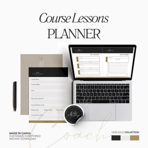 May include: A laptop computer displaying a course planner template with the text "The Modules" on the screen. The laptop is on a white surface with a sticker that says "Do you love busy Mondays?" and a black and gold color palette.