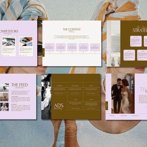 May include: A presentation on social media strategy with the headings "Competitors", "The Content Pillars", "The Feed", "Ads", "The Overall Strategy", and "Thank You". The presentation includes images of various products and text.