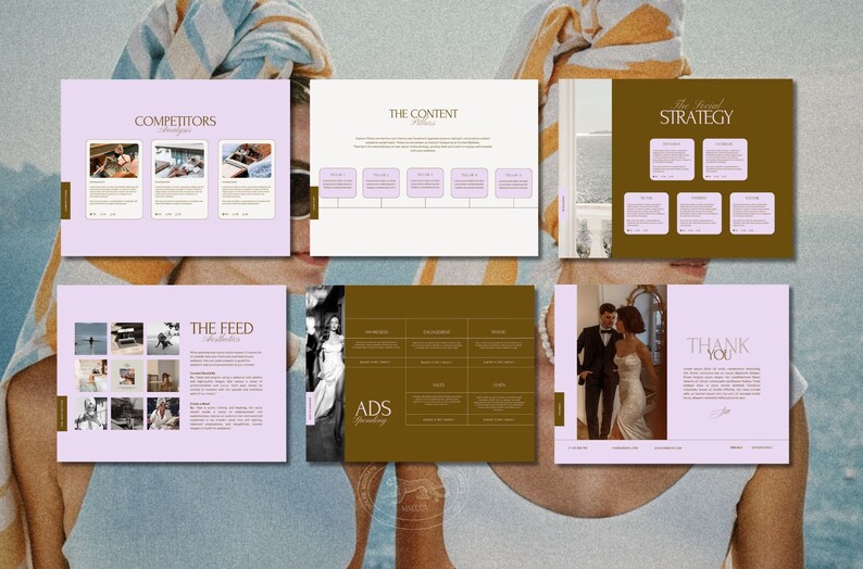 May include: A presentation on social media strategy with the headings "Competitors", "The Content Pillars", "The Feed", "Ads", "The Overall Strategy", and "Thank You". The presentation includes images of various products and text.