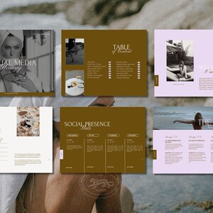 May include: A social media strategy guide with a table of contents, a section on the strategic vision, a section on social presence, and a section on the main takeaways. The guide features images of a woman in a towel, a woman running on a beach, a woman in a pool, and a woman on a beach.