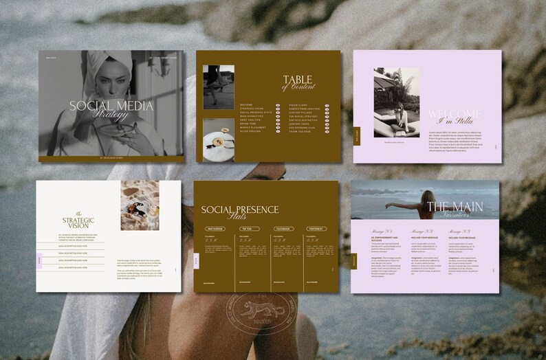 May include: A social media strategy guide with a table of contents, a section on the strategic vision, a section on social presence, and a section on the main takeaways. The guide features images of a woman in a towel, a woman running on a beach, a woman in a pool, and a woman on a beach.
