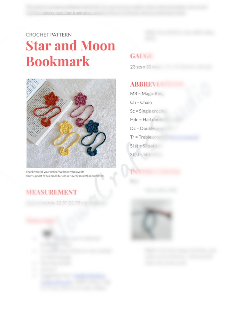 Puede incluir: Un patr&oacute;n de crochet para un marcap&aacute;ginas de estrella y luna. El patr&oacute;n incluye instrucciones para hacer una estrella y una forma de media luna. El patr&oacute;n est&aacute; escrito en ingl&eacute;s e incluye abreviaturas para los puntos de crochet.