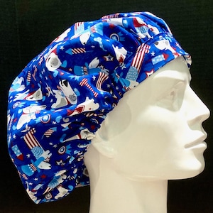 Dogs, 4th of July, USA surgical hats, scrub caps, bun caps, bouffant, skullcap