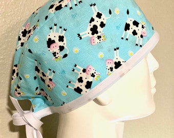 Surgical hat, skullcap, scrub cap long hair bun, blue, green,  cows