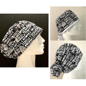 Skeleton, Bones, Orthopedic, Scrub cap, bun cap surgical hat, skullcap, black and white