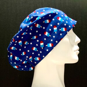 Popsicles, patriotic, USA scrub caps, skullcap, bun cap, surgical hats, hair coverings