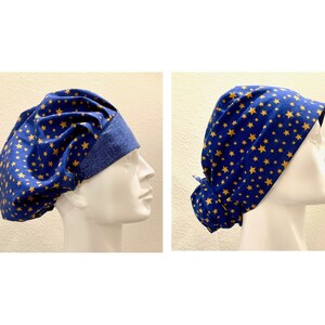Gold stars on blue, skullcap, surgical hats, bouffant, hair coverings