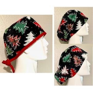 Christmas trees, Red Cardinals, pine cones, surgical hats, bakers caps, holiday scrubs