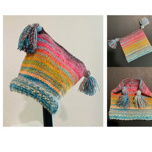 May include: A colorful knitted hat with a striped pattern and blue tassels. The hat is made with a variety of colors, including pink, orange, yellow, green, and blue.