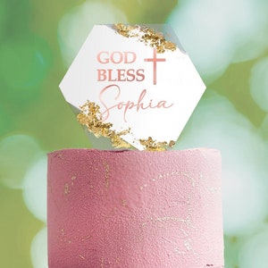 Baptism Cake Topper Custom Acrylic God Bless Personalized Name 5 in wide Gold Flakes, Clear, elegant, bautizo