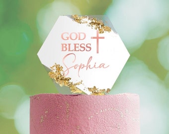 Baptism Cake Topper Custom Acrylic God Bless Personalized Name 5 in wide Gold Flakes, Clear, elegant, bautizo