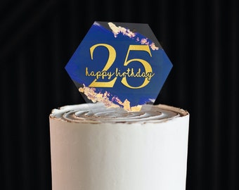 Custom Acrylic Cake Topper for Birthdays Any Number Happy Birthday Sign Clear Gold 5 in wide Hexagon Personalized Age Elegant Golden