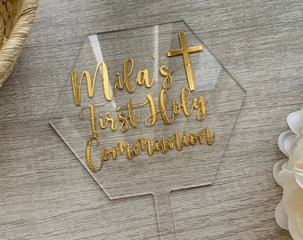 First Communion Cake Topper Custom Clear Acrylic 5 in wide Hexagon God Bless Personalized