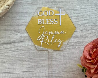 First Communion Cake Topper Custom Clear Acrylic 5 in wide Hexagon God Bless Personalized