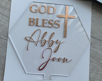 Baptism Cake Topper Custom Clear Acrylic 5 in wide Hexagon God Bless Personalized