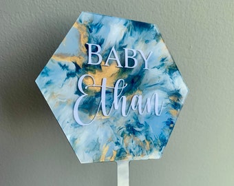 Acrylic Cake Topper for Baby Shower, Baby Girl, Baby Boy, Welcome Baby, Oh Baby, Marble, Elegant, 5 in wide