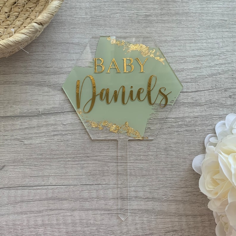 Cake Topper Custom Acrylic Birthdays, Weddings, Anniversaries, Baptisms, Baby Showers, Mr and Mrs 5 in wide Gold Flakes, Clear, luxury image 9