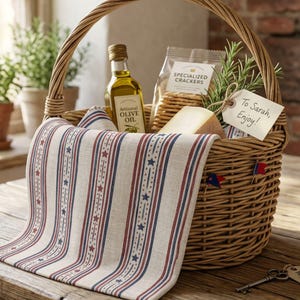 May include: A woven wicker gift basket filled with gourmet food items. Includes a bottle of olive oil, crackers, cheese, and a sprig of rosemary. A linen cloth with red, white, and blue stripes and stars lines the basket. A tag reads "To Sarah, Enjoy!"