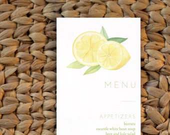 Watercolor Lemon Menu Card: Mediterranean Bridal Shower, Birthday Party Menu