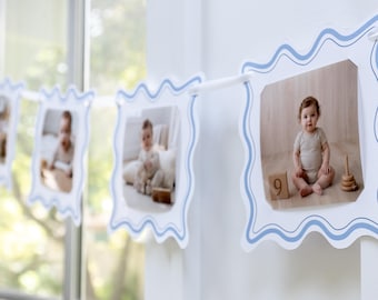 12 Month Milestone Photo Banner First Birthday Dusty Blue Wavy Frame Banner Baby First Year Monthly Photo Display Yearly Picture Banner
