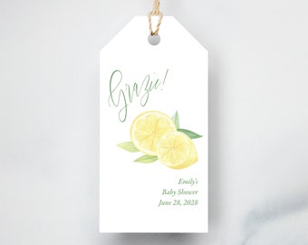 Lemon Baby Shower Favor Tags – Watercolor Amalfi Theme, Customizable (Set of 6)