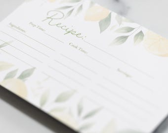 25 printed citrus lemon watercolor recipe cards | farmhouse kitchen stationery