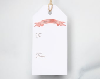 Watercolor Birthday Gift Tags, Pink Happy Birthday Banner - Set of 6