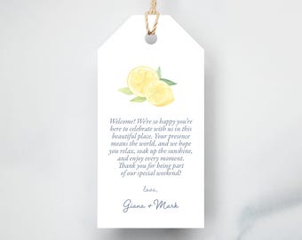 Lemon Wedding Welcome Tags, Amalfi Coast Citrus Favor Tags, Watercolor Design