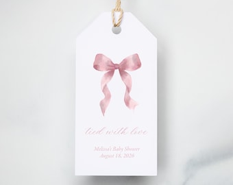 Tied with Love Pink Bow Baby Shower Favor Tags Coquette Watercolor Thank You Printed and Shipped
