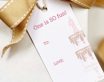 First Birthday Gift Tags, Pink Watercolor Cake - Set of 6