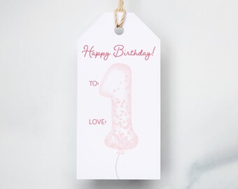 First Birthday Gift Tags | Pink Watercolor Balloon - Set of 6