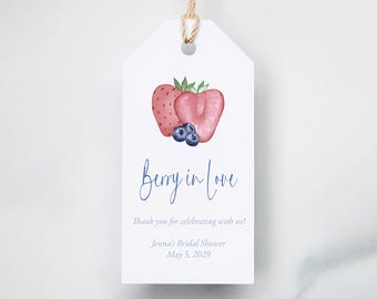 Berry in Love Bridal Shower Favor Tags, Strawberry Bridal Shower Decor, Printed Watercolor Berry Tag, Summer Bridal Shower