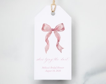 Shes Tying the Knot Bridal Shower Favor Tags, Pink Bow Coquette Watercolor, Printed Bride to Be