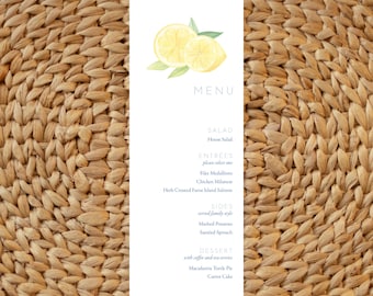 Amalfi Coast Lemon Wedding Menu Cards, Watercolor Italian Wedding Decor