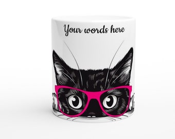 Personalized Cat Mug, Custom Peeking Cat Gift Coffee Cup, Black Kitten Face Mug, Cat in Glasses Custom Pet Mug, Pet Gift