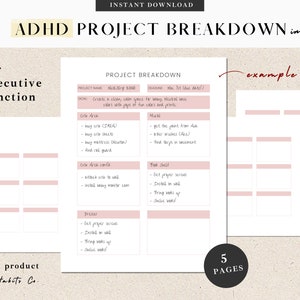 May include: A printable worksheet with the title "ADHD Project Breakdown in Pink" for executive function. The worksheet is divided into sections for project name, deadline, goal, and tasks. The example section shows a list of tasks for setting up a new room, including buying a crib, mattress, and toys. The worksheet is designed to help people with ADHD break down large projects into smaller, more manageable steps.