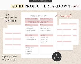May include: A printable worksheet with the title "ADHD Project Breakdown in Pink" for executive function. The worksheet is divided into sections for project name, deadline, goal, and tasks. The example section shows a list of tasks for setting up a new room, including buying a crib, mattress, and toys. The worksheet is designed to help people with ADHD break down large projects into smaller, more manageable steps.