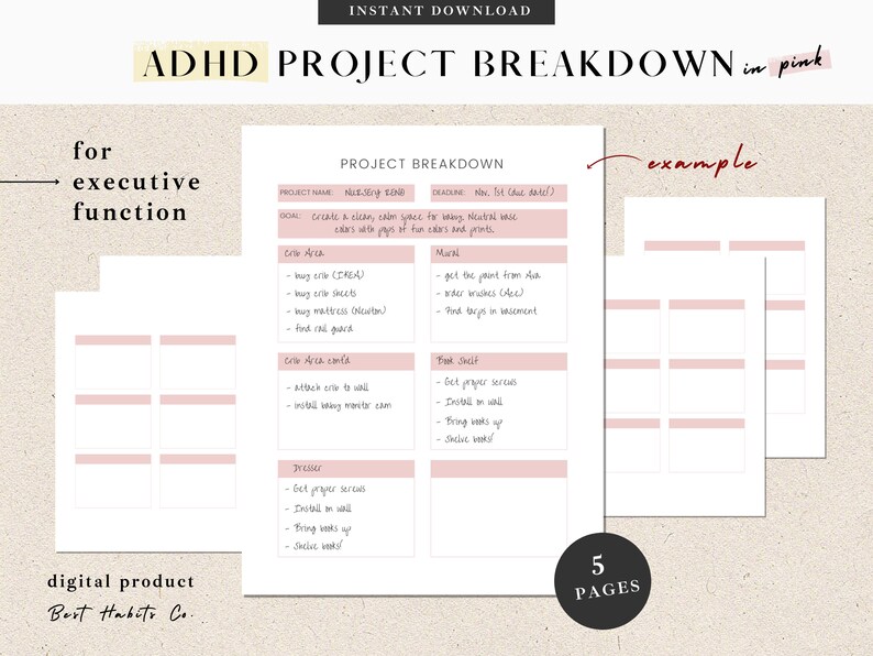 Pink ADHD Project Breakdown Tasks & Sub Tasks | List for Executive ...