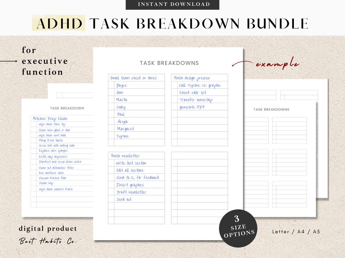 ADHD TASKS & SUBTASKS Breakdown Sheet | List for Executive Function ...