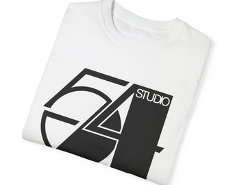 May include: White t-shirt with a black graphic design of the number 54 and the word "STUDIO" printed on the front.