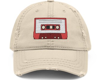 Embroidered Red Cassette Tape Distressed Dad Hat