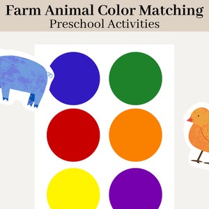 May include: A printable preschool activity for color matching. The image shows a blue pig, a yellow chick, and six colored circles: blue, green, red, orange, yellow, and purple.