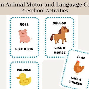 Cartões de movimento e linguagem de animais de fazenda, atividade motora grossa, atividade linguística, criança pequena, pré-escola, materiais escolares em casa, movimento, linguagem