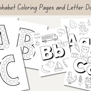 Peut inclure: Pages à colorier alphabet noir et blanc et feuilles de travail de points de lettres pour les enfants. Les pages présentent les lettres A, B et C avec des contours point à point et des illustrations d'accompagnement.
