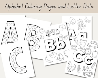 Peut inclure: Pages à colorier alphabet noir et blanc et feuilles de travail de points de lettres pour les enfants. Les pages présentent les lettres A, B et C avec des contours point à point et des illustrations d'accompagnement.