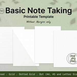 Peut inclure: Quatre modèles de prise de notes imprimables : ligné, quadrillé, quadrillé pointillé et points. Disponibles en formats A4, A5 et Lettre. Sans marges.