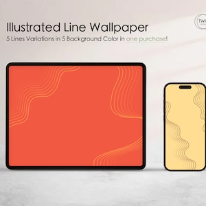 May include: Two digital devices, a tablet and a smartphone, displaying a wallpaper with a pattern of thin, wavy lines in yellow on a red background. The text "Illustrated Line Wallpaper" is at the top of the image.