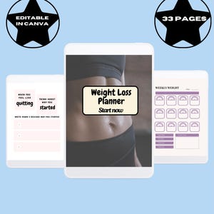 Może przedstawiać: Cyfrowy dziennik odchudzania o czystym, nowoczesnym designie. Okładka zawiera tekst "Weight Loss Planner" i "Start Now". Dziennik zawiera 33 strony i jest edytowalny w Canva. Kompatybilny z iPadem, Notability i Goodnotes.