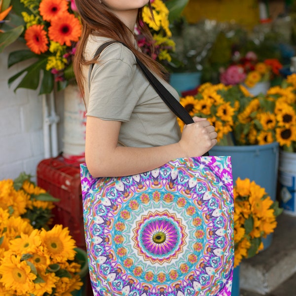 Sac fourre-tout avec intérieur laminé non tissé, coins encadrés. Tout polyester. Cabas bleu et blanc avec bandoulière noire, motif coloré et oeil.